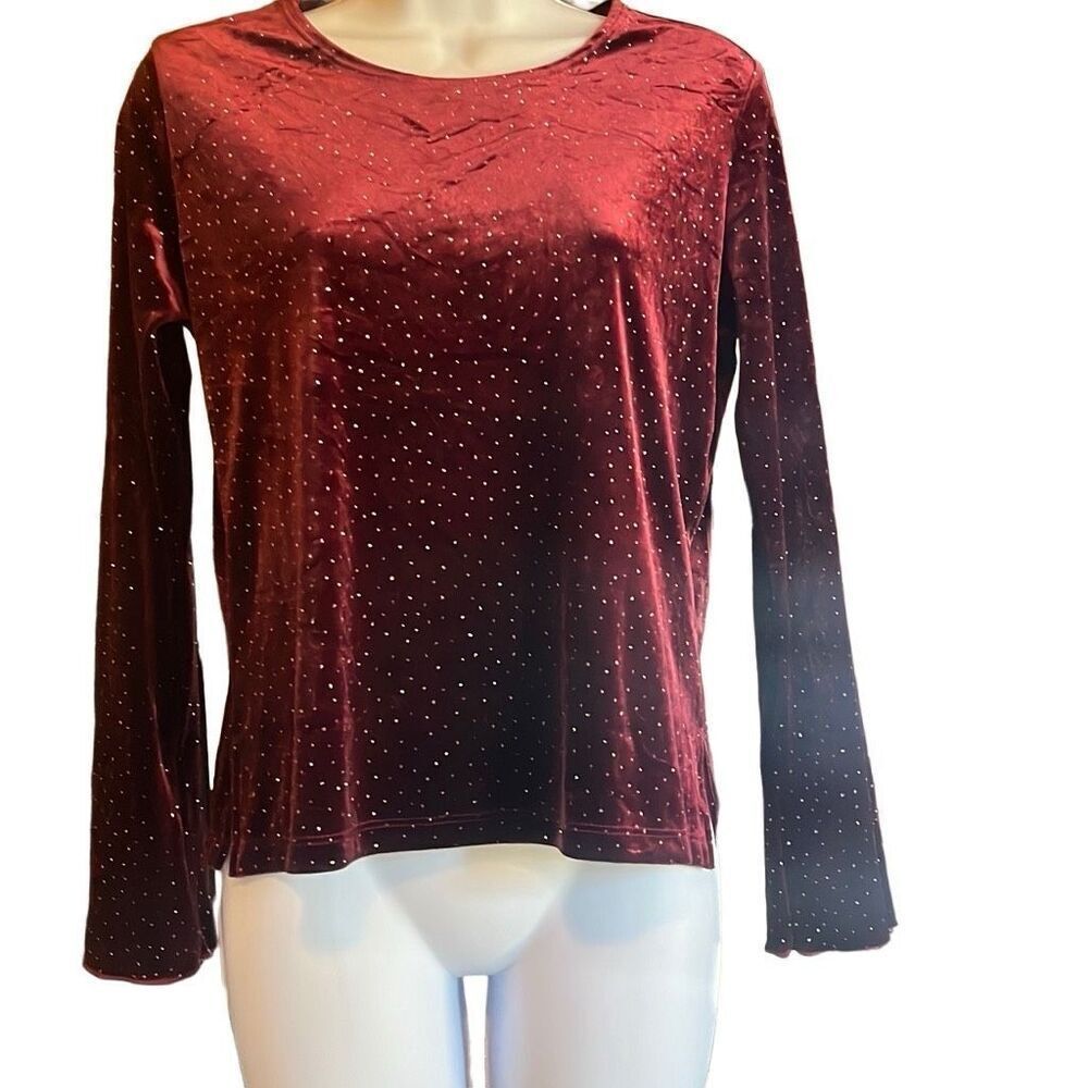 Impressions Vintage Burgandy Silver Sparkles Velvet Blouse Medium Petite Holiday